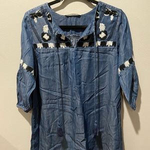 Given Kale Dark Wash Blue Flora Summer Casual Blouse VINTAGE